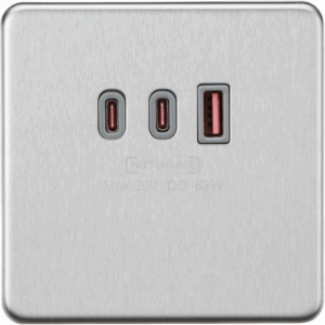 ML Accessories - Knightsbridge Brushed Chrome 230V Triple USB Charger Plate 2xUSB-C 1xUSB-A [20V DC Max. 63W] with insert (SF63WBCG)
