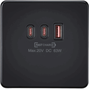 ML Accessories - Knightsbridge Matt Black 230V Triple USB Charger Plate 2xUSB-C 1xUSB-A [20V DC Max. 63W] (SF63WMB)