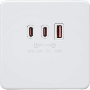 ML Accessories - Knightsbridge Matt White 230V Triple USB Charger Plate 2xUSB-C 1xUSB-A [20V DC Max. 63W] (SF63WMW)
