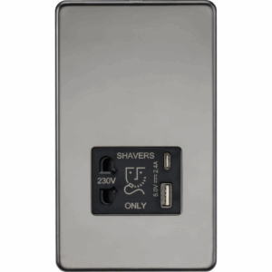ML Accessories - Knightsbridge Black Nickel 230V Shaver Socket with Dual USB A+C [5V DC 2.4A shared] with Insert (SF8909BN)