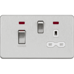 ML Accessories - Knightsbridge Screwless Brushed Chrome 45A DP Switch & 13A Socket with Neons White Insert (SFR83MNBCW)