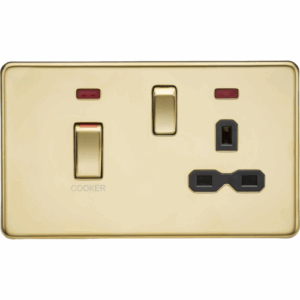 ML Accessories - Knightsbridge Screwless Polished Brass 45A DP Switch & 13A Socket with Neons Black Insert (SFR83MNPB)