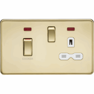 ML Accessories - Knightsbridge Screwless Polished Brass 45A DP Switch & 13A Socket with Neons White Insert (SFR83MNPBW)