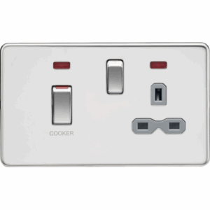 ML Accessories - Knightsbridge Screwless Polished Chrome 45A DP Switch & 13A Socket with Neons Grey Insert (SFR83MNPCG)