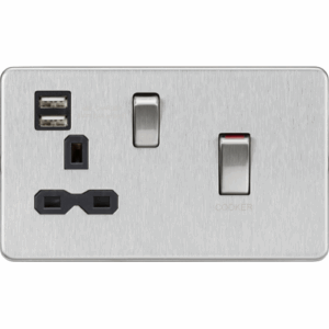 ML Accessories - Knightsbridge Screwless Brushed Chrome 45A DP Switch & 13A Socket with Dual USB A+A (5V DC 2.4A shared) Black Insert (SFR83UMBC)