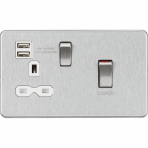 ML Accessories - Knightsbridge Screwless Brushed Chrome 45A DP Switch & 13A Socket with Dual USB A+A (5V DC 2.4A shared) White Insert (SFR83UMBCW)