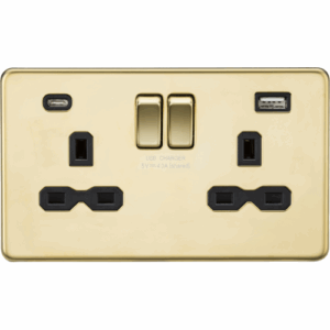 Knightsbridge Screwless Polished Brass 13A 2G SP Switched Socket with Dual USB A+C (5V DC 4.0A shared) Black Insert