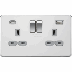 Knightsbridge Screwless Polished Chrome 13A 2G SP Switched Socket with Dual USB A+C (5V DC 4.0A shared) Grey Insert