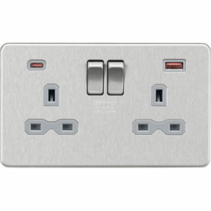 Knightsbridge Screwless Brushed Chrome 13A 2G DP Switched Socket with Dual USB A+C 20V DC 2.25A (Max. 45W) Grey Insert