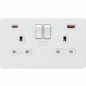 Knightsbridge Matt White 13A 2G DP Switched Socket with Dual USB A+C 20V DC 2.25A (Max. 45W) with Insert