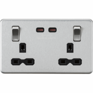 Knightsbridge Screwless Brushed Chrome 13A 2G DP Switched Socket Dual USB-C [65W DUAL FASTCHARGE]