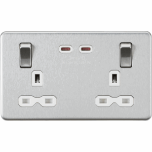 Knightsbridge Screwless Brushed Chrome 13A 2G DP Switched Socket with Dual USB-C [65W DUAL FASTCHARGE]