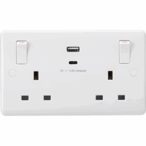 ML Accessories - Knightsbridge White Curved Edge 13A 2G SP Switched Socket with Dual USB A+C (5V DC 4.8A shared) with Outboard Rockers (CU9002)