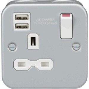 Metal Clad Range - Knightsbridge Silver/Grey Metal Clad 13A 1G Switched Socket with Dual USB Charger (2.4A) (MR9124)