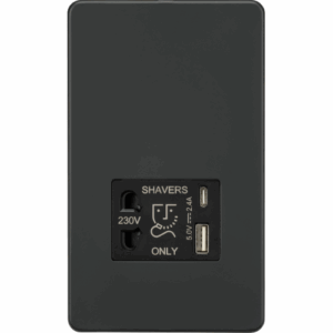 ML Accessories - Knightsbridge Anthracite 230V Shaver Socket with Dual USB A+C [5V DC 2.4A shared] (SF8909AT)