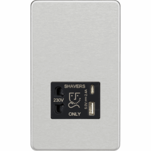 ML Accessories - Knightsbridge Screwless Brushed Chrome 230V Shaver Socket with Dual USB A+C [5V DC 2.4A shared] Black Insert (SF8909BC)