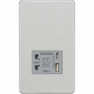 ML Accessories - Knightsbridge Screwless Brushed Chrome 230V Shaver Socket with Dual USB A+C [5V DC 2.4A shared] Grey Insert (SF8909BCG)