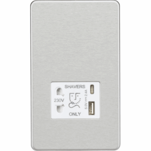 ML Accessories - Knightsbridge Screwless Brushed Chrome 230V Shaver Socket with Dual USB A+C [5V DC 2.4A shared] White Insert (SF8909BCW)