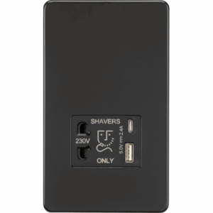 ML Accessories - Knightsbridge Matt Black 230V Shaver Socket with Dual USB A+C [5V DC 2.4A shared] with Insert (SF8909MB)