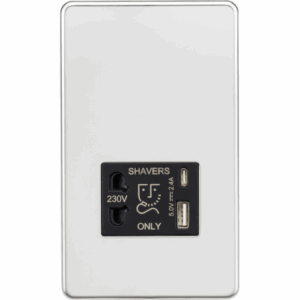 Knightsbridge Screwless Polished Chrome 230V Shaver Socket with Dual USB A+C [5V DC 2.4A shared] Black Insert