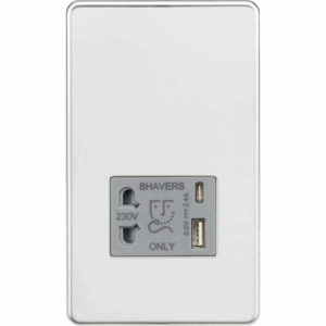 Knightsbridge Screwless Polished Chrome 230V Shaver Socket with Dual USB A+C [5V DC 2.4A shared] Grey Insert