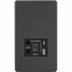 Knightsbridge Smoked Bronze 230V Shaver Socket with Dual USB A+C [5V DC 2.4A shared] with Insert