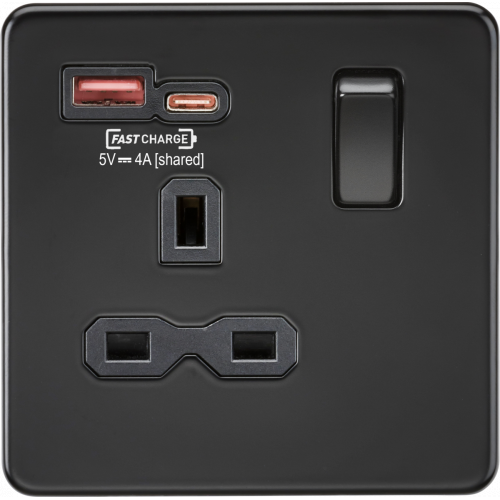 Knightsbridge Screwless Matt Black 13A 1G SP Switched Socket with Dual USB A+C 12V DC 1.5A [Max. 18W] Black Insert