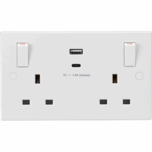 ML Accessories - Knightsbridge White 13A 2G SP Switched Socket with Dual USB A+C (5V DC 4.8A shared) with Outboard Rockers (SN9002)