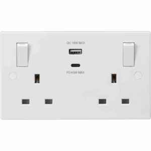 ML Accessories - Knightsbridge White 13A 2G SP Switched Socket with Dual USB A+C 20V DC 2.25A (Max. 45W) with Outboard Rockers (SN9003)