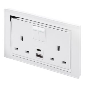 White Chrome Trim - Retrotouch Crystal 3.1A USBC & 13A DP Double Plug Socket with Switch White CT (00658)