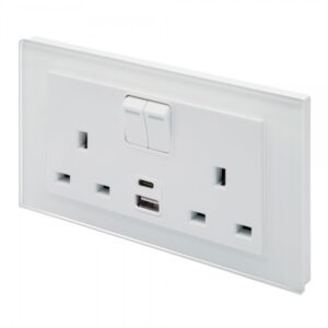 White Plain Glass - Retrotouch Crystal 3.1A USBC & 13A DP Double Plug Socket with Switch White PG (00662)