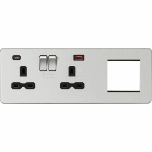 ML Accessories - Knightsbridge 13A 2G DP Socket +2G Mod + Dual USB A+C 12V DC 1.5A (Max. 18W) Brushed Chrome w/Black Insert (SFR992LBC)