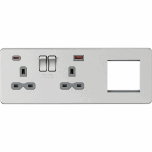 ML Accessories - Knightsbridge 13A 2G DP Socket +2G Mod + Dual USB A+C 12V DC 1.5A (Max. 18W) Brushed Chrome w/Grey Insert (SFR992LBCG)