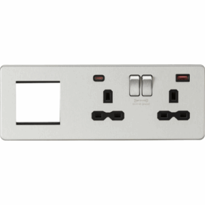 ML Accessories - Knightsbridge 13A 2G DP Socket +2G Mod + Dual USB A+C 12V DC 1.5A (Max. 18W) Brushed Chrome w/Black Insert (SFR992RBC)