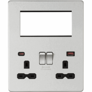 ML Accessories - Knightsbridge Small Multi Combo Plate + Dual USB A+C 12V DC 1.5A (Max. 18W) Brushed Chrome w/Black Insert (SFR994BC)