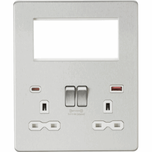 ML Accessories - Knightsbridge Small Multi Combo Plate + Dual USB A+C 12V DC 1.5A (Max. 18W) Brushed Chrome w/White Insert (SFR994BCW)