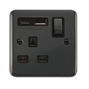 Click Scolmore - Click Deco Plus Ingot 13A 1 Gang Switched Safety Shutter Socket Outlet With Type A & C Usb (4A) Outlets Black Nickel Black Inserts (DPBN585BK)