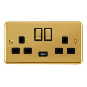 Click Scolmore - Click Deco Plus 13A Ingot 2 Gang Switched Sockets With 2.1A Usb Outlet (Twin Earth) (DPBR570BK)