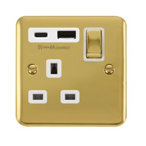 Click Scolmore - Click Deco Plus Ingot 13A 1 Gang Switched Safety Shutter Socket Outlet With Type A & C Usb (4A) Outlets Polished Brass White Inserts (DPBR585WH)
