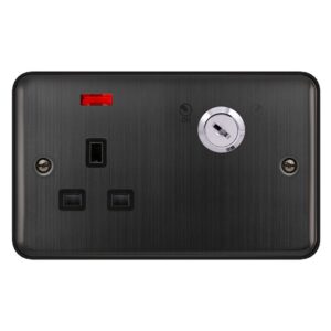 Click Scolmore - Click Deco Plus 13A Ingot 1 Gang Double Pole Key Lockable Switched Socket With Neon (Double Plate) Matt Bronze Black Insert (DPBZ655BK)