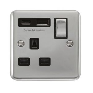 Click Scolmore - Click Deco Plus Ingot 13A 1 Gang Switched Safety Shutter Socket Outlet With Type A & C Usb (4A) Outlets Polished Chrome Black Inserts (DPCH585BK)