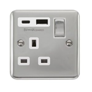 Click Scolmore - Click Deco Plus Ingot 13A 1 Gang Switched Safety Shutter Socket Outlet With Type A & C Usb (4A) Outlets Polished Chrome White Inserts (DPCH585WH)