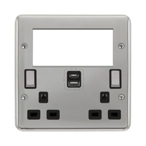 Click Scolmore - Click Deco Plus 2 Gang 3 Pin Safety Shutter Type A & C Usb Switched Socket With Quad New Media Apertures (DPCH684BK)
