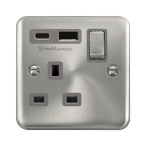 Click Scolmore - Click Deco Plus Ingot 13A 1 Gang Switched Safety Shutter Socket Outlet With Type A & C Usb (4A) Outlets Satin Chrome White Inserts (DPSC585GY)