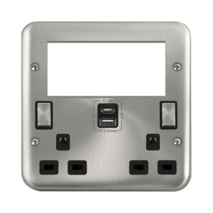 Click Scolmore - Click Deco Plus 2 Gang 3 Pin Safety Shutter Type A & C Usb Switched Socket With Quad New Media Apertures (DPSC684BK)