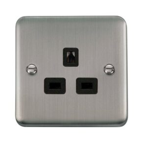 Click Scolmore - Click Deco Plus 13A 1 Gang 3 Pin Safety Shutter Unswitched Socket Outlet Stainless Steel Black Insert (DPSS530BK)