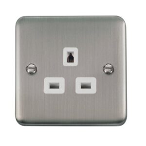 Click Scolmore - Click Deco Plus 13A 1 Gang 3 Pin Safety Shutter Unswitched Socket Outlet Stainless Steel White Insert (DPSS530WH)