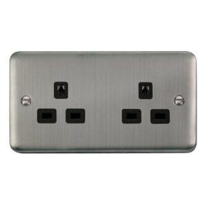 Click Scolmore - Click Deco Plus 13A 2 Gang 3 Pin Safety Shutter Unswitched Socket Outlet Stainless Steel Black Insert (DPSS532BK)