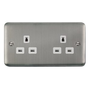 Click Scolmore - Click Deco Plus 13A 2 Gang 3 Pin Safety Shutter Unswitched Socket Outlet Stainless Steel White Insert (DPSS532WH)