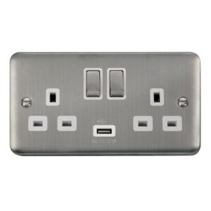 Click Scolmore - Click Deco Plus 13A Ingot 2 Gang Switched Sockets With 2.1A Usb Outlet (Twin Earth) (DPSS570WH)